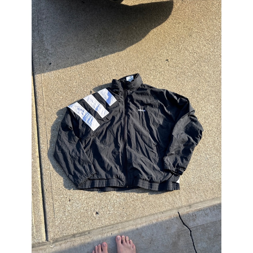 Vintage 90s Adidas Windbreaker Jacket 3 Stripe Full Zip Hooded Mens L